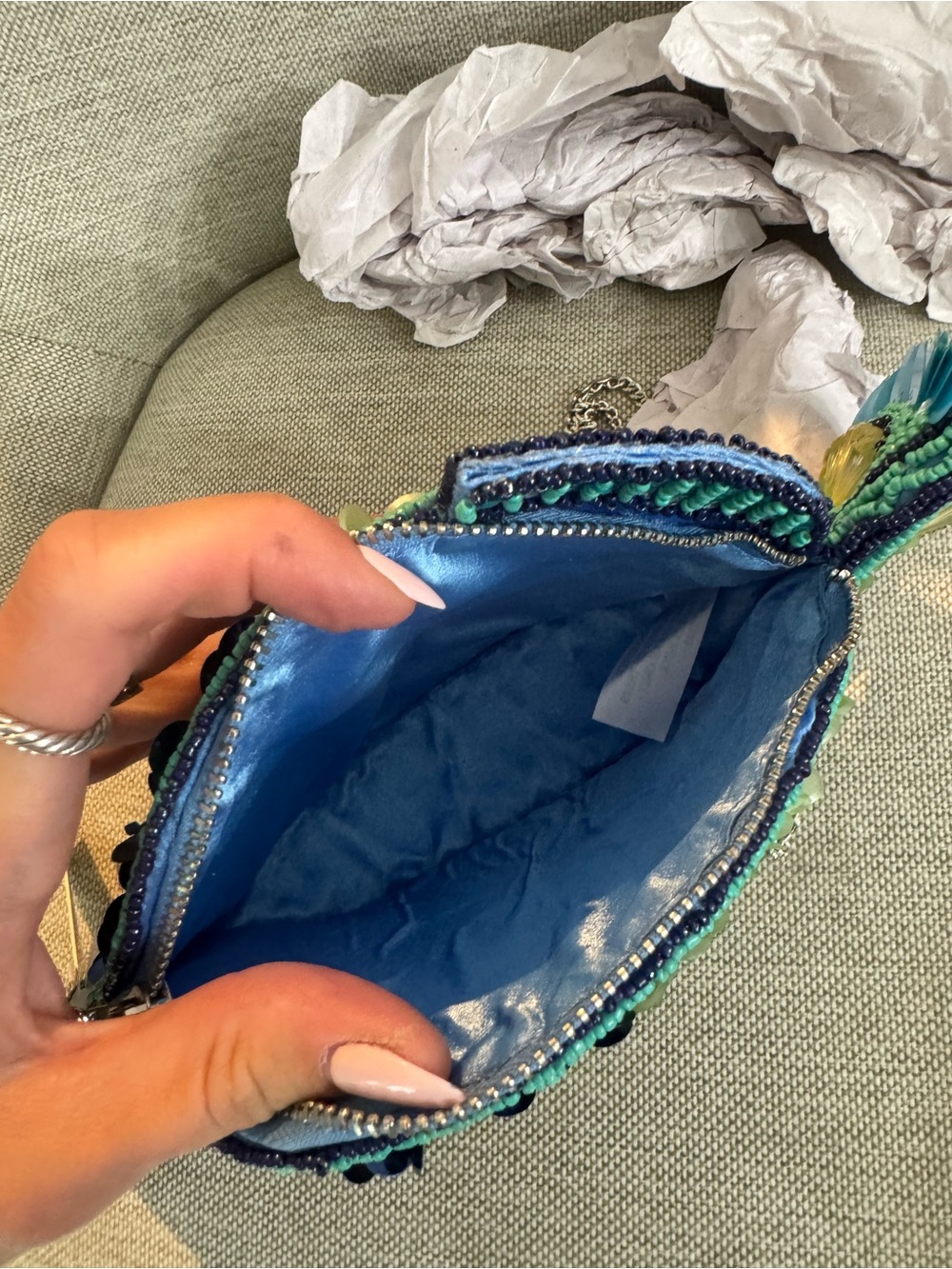 Made in India Beaded Fish Crossbody Bag - Blue Green Sequin Design - Picture 6 of 6